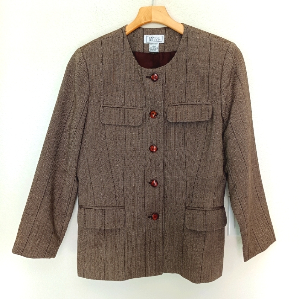 Jennifer Moore‎ Blazer Women's Size 8 Brown Tan Striped 5 Button 100% Wool Lined